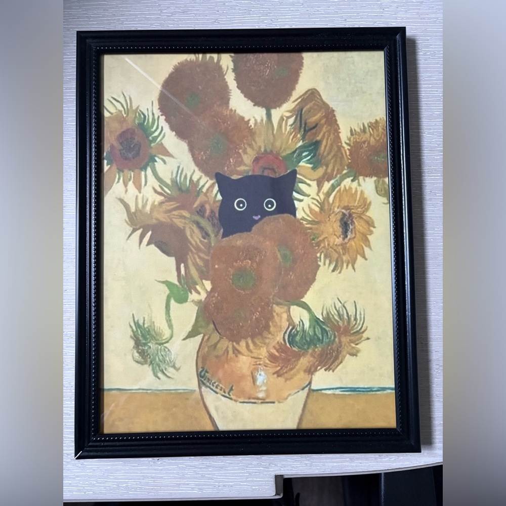 Framed 8x10” Van Gogh Sunflowers Cat Print